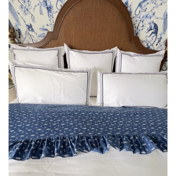RALPH LAUREN Shelley Blue QUEEN Ruffled Flat Sheet Blue &White Made in USA Flaws - Picture 1 of 16